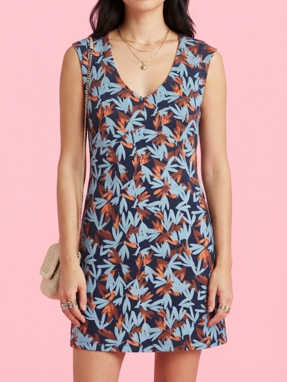 L.L. Bean Navy Mini Dress with Light Blue and Copper Leaf Print